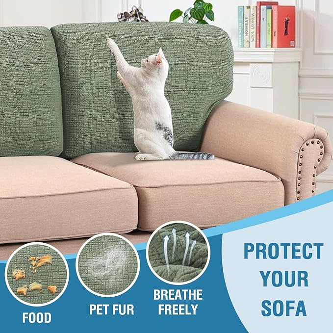 H.VERSAILTEX Jacquard 3 Piece Sofa Cover Set High Stretch Sofa Covers for 3 Cushion Couch Anti-Slip Furniture Protector with Elastic Bottom Soft Thick Fabric Crizzle Pattern(3 Back Covers, Sea Grass)