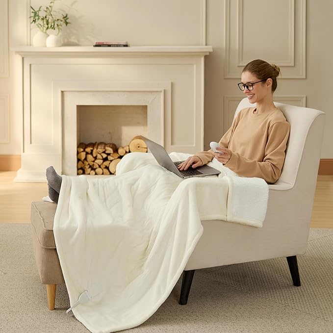 Bedsure Heated Blanket Throw Blanket - Fast Heating Electric Blanket, Soft Flannel Throw with 6 Time Settings(Up to 10H), 6 Heating Settings, Warm Gifts for Grandma Grandpa Seniors (50"x60", Ivory)