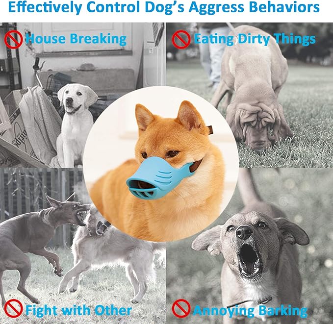 Dog Muzzle, Soft Duck Silicone Mouth Cover with Adjustable Strap for Small Medium Dogs, Best to Prevent Barking, Biting, and Chewing(Blue,S)