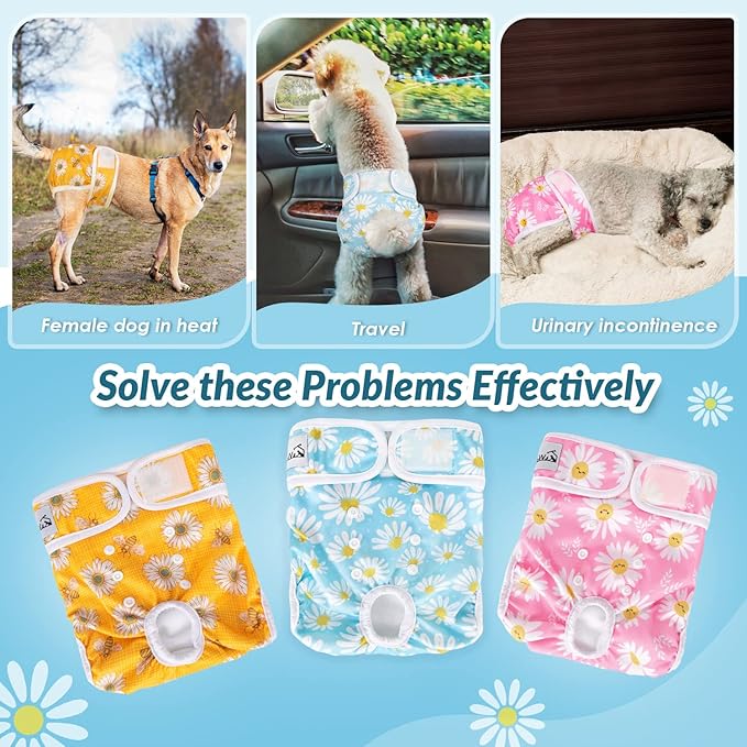 SlowTon Washable Dog Diapers Female - 3 Pack No Leak Reusable Doggie Puppy Diaper with Adjustable Buttons, Comfortable Female Dog Diapers for Heat Cycle Period Small Medium Large Dogs (L)
