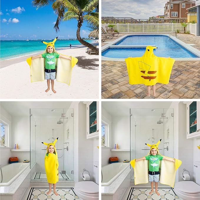 Franco Pokemon Pikachu Bath and Beach Soft Cotton Terry Hooded Towel Wrap,24" x 50" Kids,(Pack of 2)