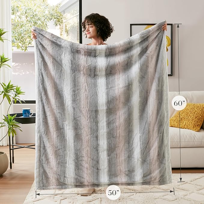 Madison Park Soft Faux Fur Blanket, Plush Reversible Throw for Home Decor, Luxuriously Soft All Seasons Fuzzy & Cozy Knitted Throw, 50x60 Blush/Grey