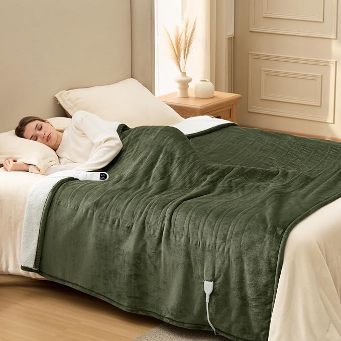 Bedsure Electric Blanket Twin - Soft Flannel Heated Blanket Twin Size, Fast Heating with 6 Time Settings (Up to 10H) & 6 Heat Settings, Warm Gift for Grandma (62x84 inches, Olive Green)
