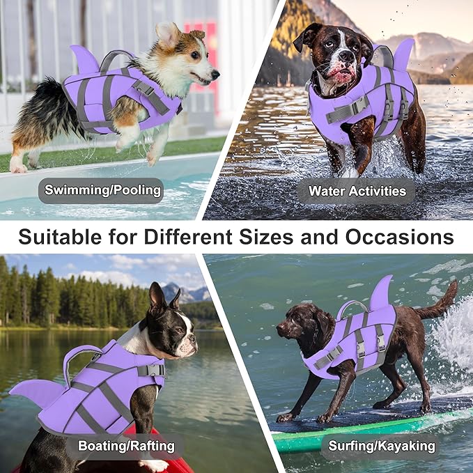 Dogcheer Dog Harness-Style Life Jacket Shark, Reflective Dog Life Vest for Swimming Boating, Puppy Swim Vest, Pet Floating Device for Small Medium Large Dogs - Taro Purple,S