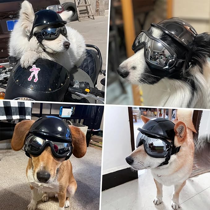Dog Goggles and Helmet Set - Anti-dust UV Protection Sunglasses, Durable Motorcycle Helmet With Ear Hole, Adjustable Pet Glasses for Medium to Large Dogs - Black