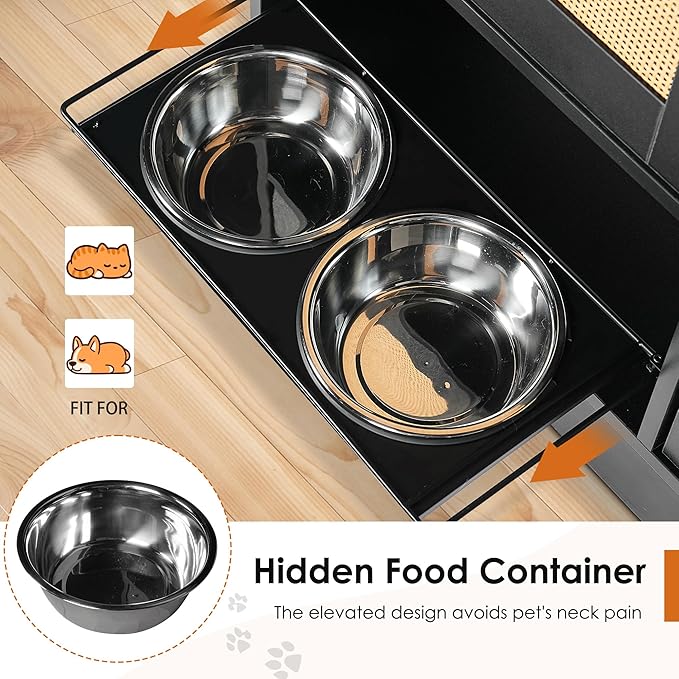 Pet Feeder Station with 2 Lockers, Dog Feeding Station Dog Food Toy Storage Cabinet Storage Container with 2 Pull Out Bowls, Adjustable Panel, Side Hooks, Rattan Door, Black (33.1" Lx14.6 Wx29.6 H)