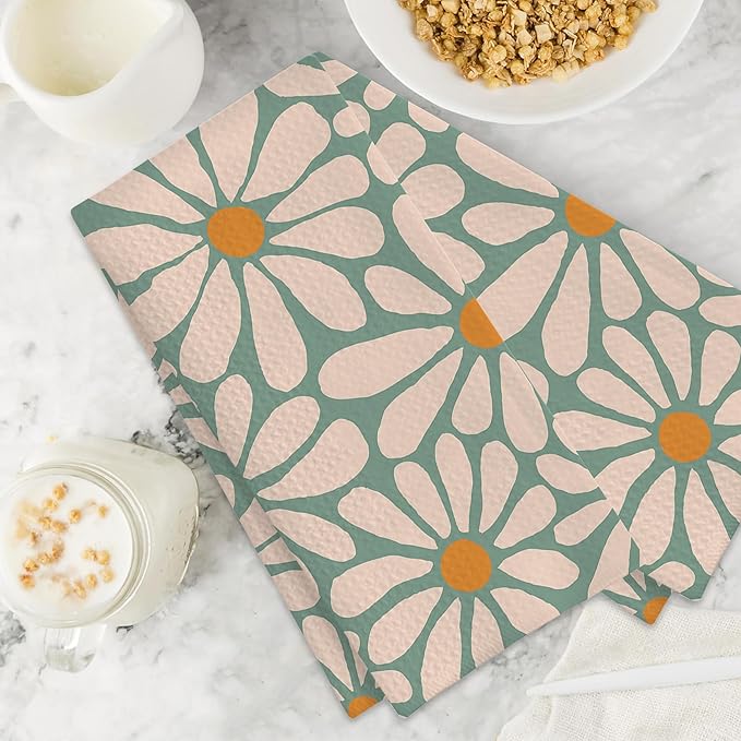 Boho Daisy Flowers Groovy Retro Hand Towels,Set of 2 Absorbent Floral Bath Towel Kitchen Dish Towel Home Gym Hotel Bathroom Decor,16x24 Inches