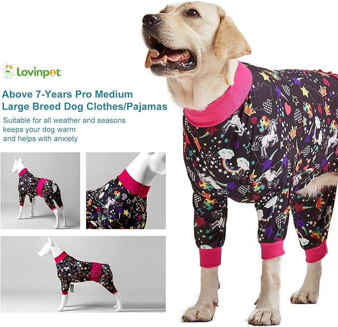 LovinPet Large Breed Dog Pajamas, Wound Care/Post Surgery Recovery Shirt for Large Dogs, Unicorn and Rainbow Black Print, Stop Shedding for Dogs, Pitbull Clothes, Bodysuit Dog Jammies, 2XL