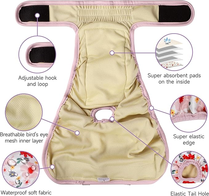 Washable Female Dog Diapers (4 Pack+1 Suspenders), Reusable Female Girl Doggy Doggie Puppy Wraps Panties Belly Band for Pet Heat Period Pooping Peeing Potty Training Incontinence Marking Flower Medium
