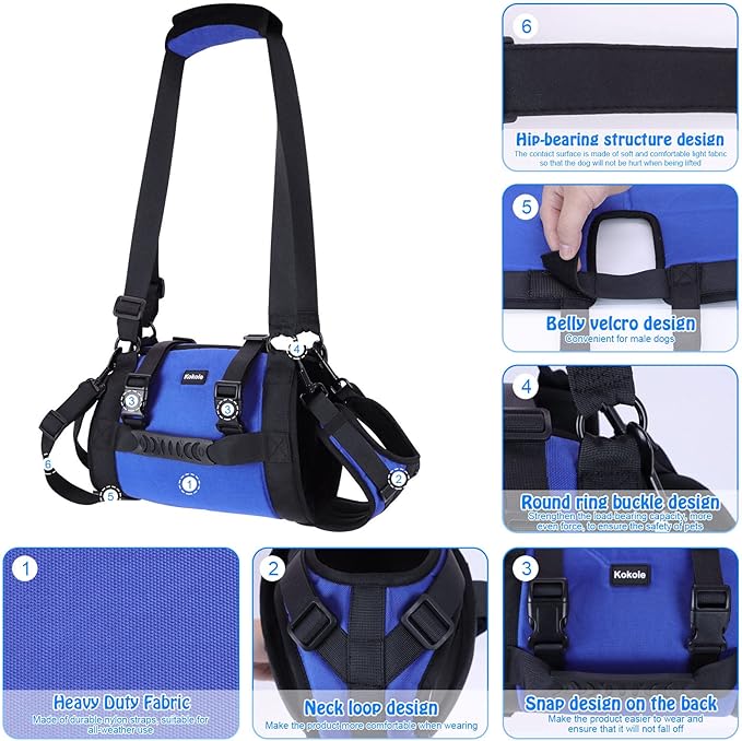 Dog Carry Sling, Emergency Backpack Pet Legs Support & Rehabilitation Dog Lift Harness for Large Dogs, Dog Carrier for Senior Dogs Joint Injuries, Arthritis, Up and Down Stairs (Blue, XXL)
