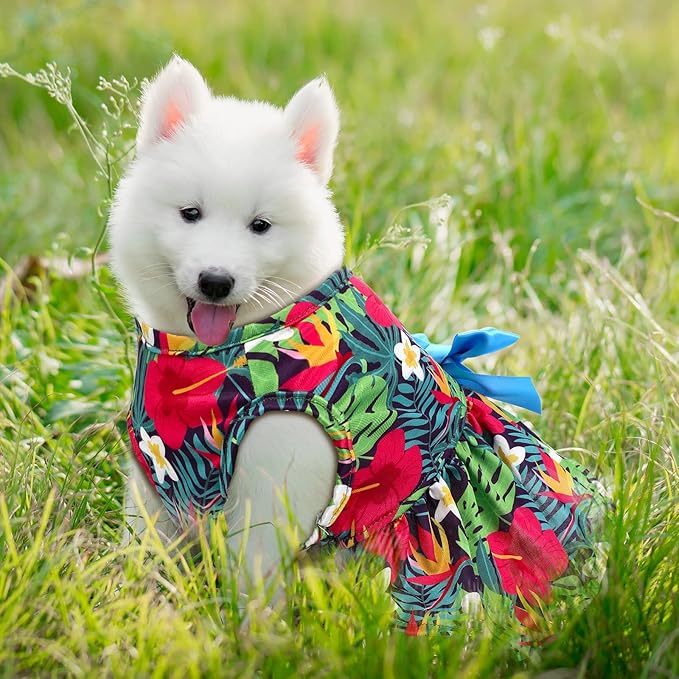 LEIFIDE 8 Pcs Summer Themed Hawaii Dog Dresses Holiday Flamingo Fruit Floral Pattern Pet Skirts Hawaii Puppy Princess Dresses Outfits Bowknot for Girl Dogs Cats Beach(Medium)