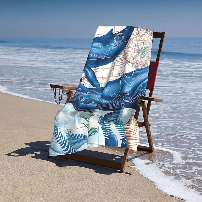 Vintage Whale Beach Towel 31inx51in, Nautical Ocean Map Sand-Free Microfiber Bath Towel Ultra Soft Quick Dry Pool Towel Absorbent Towel Lightweight Towel for Swimming Bathroom Decor
