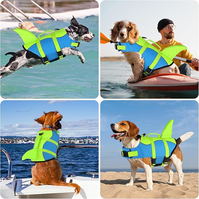 Dogcheer Dog Life Jacket, Cute Shark Dog Life Vest for Swimming Boating with Superior Buoyancy and Rescue Handle, Adjustable Puppy Swim Vest Floating Vest for Small Medium Large Dogs - Blue-Green,M