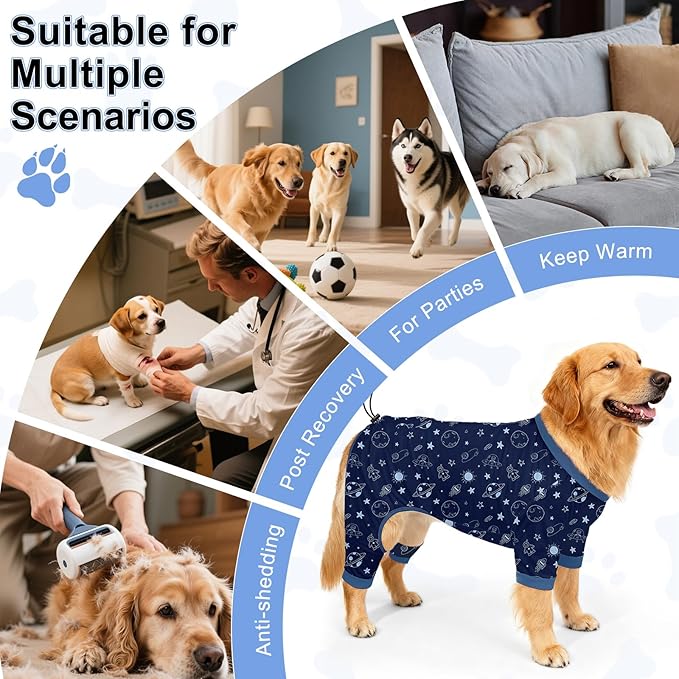 Bienbee Dog Pajamas, 4 Pack Dog Recovery Suit Shedding Suit Cute Soft Puppy Clothes Dogs Pjs Onesies Jammies Adjustable Breathable & Stretchy Clothes for Small Medium Large Dogs Girl Boy Puppy-2XL