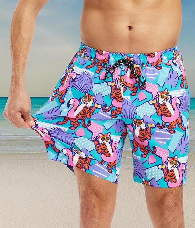 Tipsy Elves Men's Stretch Swim Trunks 7 Inch Inseam 4-Way Stretch with Mesh Liner - Quick-Dry Funny Swimwear Bathing Suit