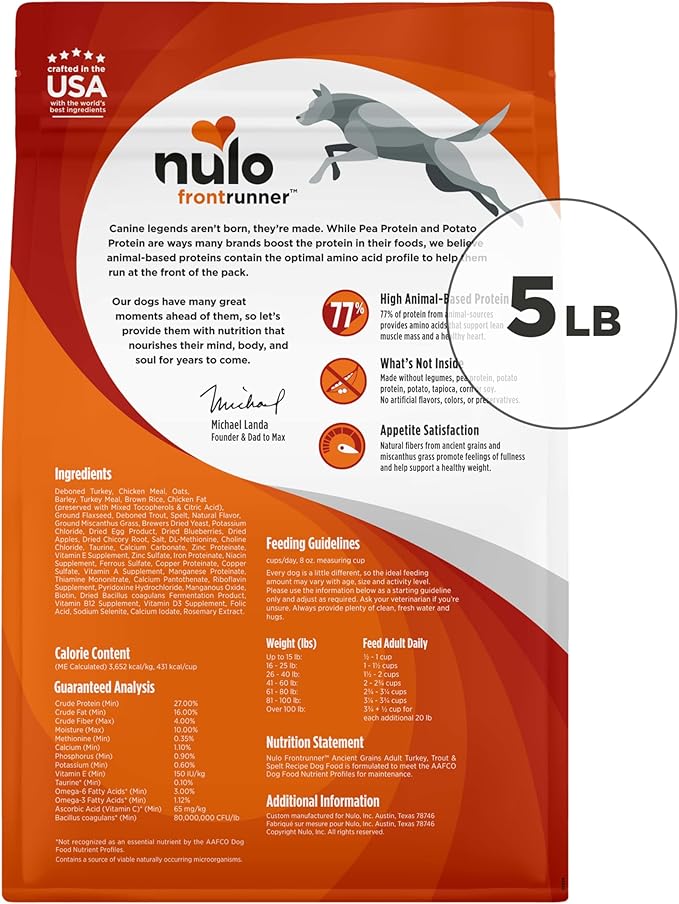 Nulo Frontrunner Dry Dog Food - Adult High-Protein Turkey, Trout & Spelt Recipe, Natural Kibble with Ancient Grains, Probiotics, Taurine, Omega 3 for Small, Medium and Large Breeds, 5lb Bag