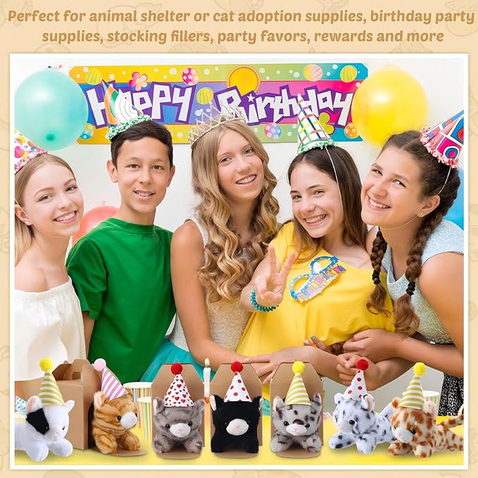 20 Set Cat Stuffed Animals Bulk with Birthday Hats Kraft Paper Boxes Mini Plush Toys Small Stuffed Kittens Adopt Pet Gift for Adoption Event Animal Theme Birthday Party (Lying Cat)