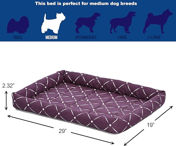 MidWest Homes for Pets 40230-PLD Quiet Time Couture Ashton Bolster Pet Bed, Intermediate Dog/30, Plum, Plum & White Diamond Pattern, 30-Inch