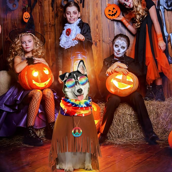 4 Pcs Hippie Dog Costume Pet Dog Hippie Costume Set Includes Sunglasses Scarf Cloak Necklace(Tie Dye,Large)