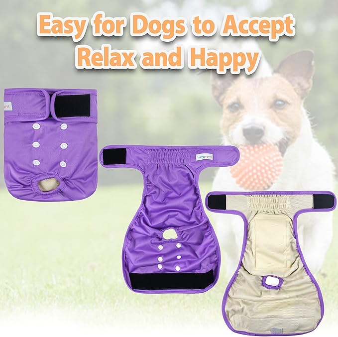 Langsprit Washable Female Dog Diapers (3 Pack) - No Leak Reusable Diapers for Doggy Female in Period - Highly Absorbent Dog Heat Panties with Adjustable Snaps (Black, Pink, Purple, Medium)