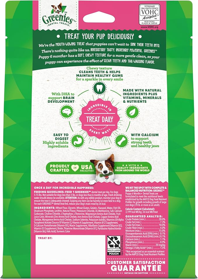 Greenies Dog Treats Veterinarian-Recommended Natural Dental Puppy Treats Teenie Size, 12 oz. Pack, 43 Count