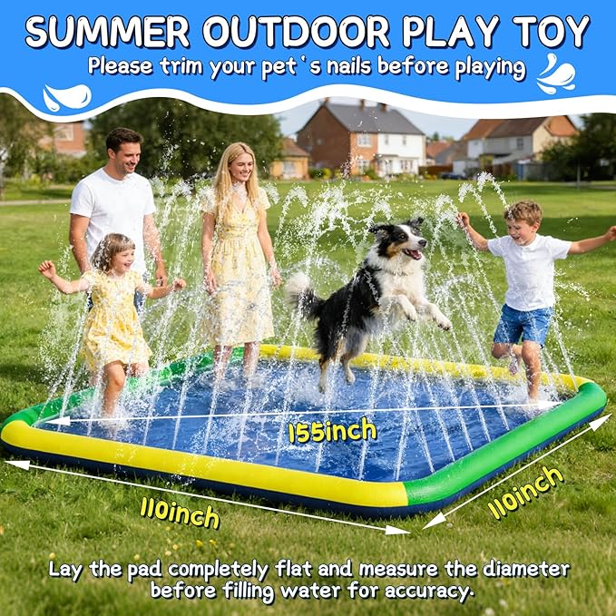 Splash Pad for Kids & Dogs, EPN 155"-110" Extra Large Non-Slip Sprinkler Splash Pad, Thickened 0.5mm PVC Water Play Mat, Outdoor Water Toy for Backyard Summer Fun, Ideal for Toddlers 3+ Boys Girls