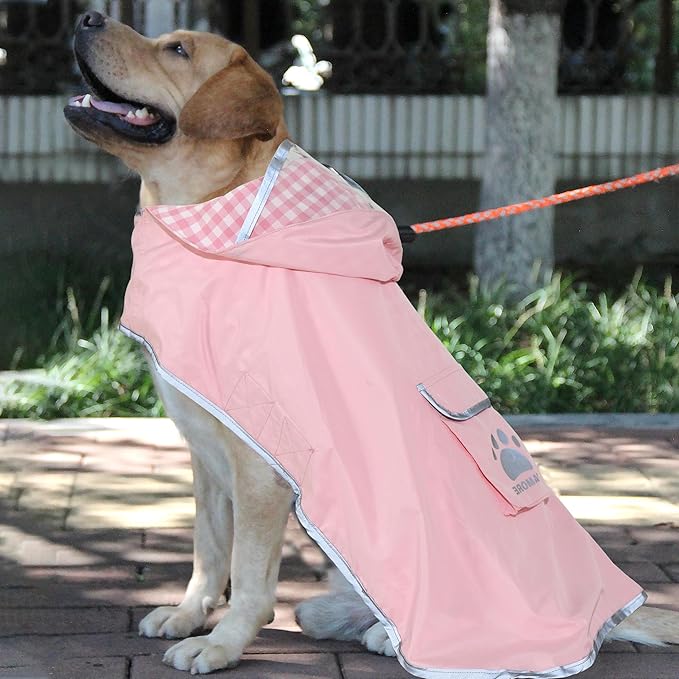 MAMORE Dog Raincoat Reversible,Waterproof Dog Rain Coat Hooded Slicker Poncho with Reflective Strip, Plaid Double Layer Rain Jacket for Small Medium Large Dogs (Pink, Medium(13-22lb))