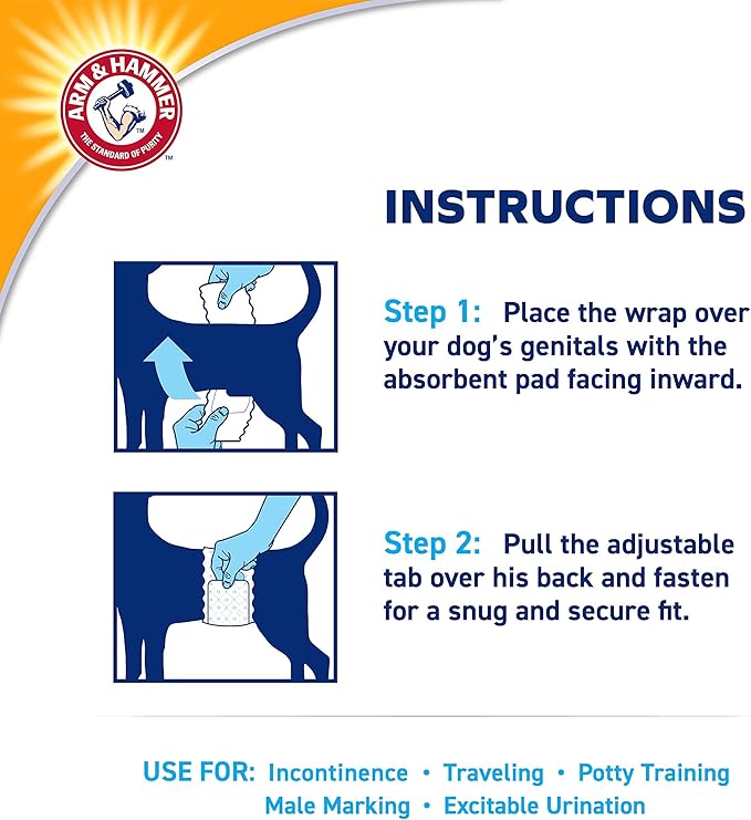 Arm & Hammer Large Male Dog Wraps, Disposable Belly Band Diapers with Baking Soda Odor Control, Super Absorbent Leak Resistant Design for Marking and Incontinence, 18-27 Inch Waist, 12 Count - 6 Pack