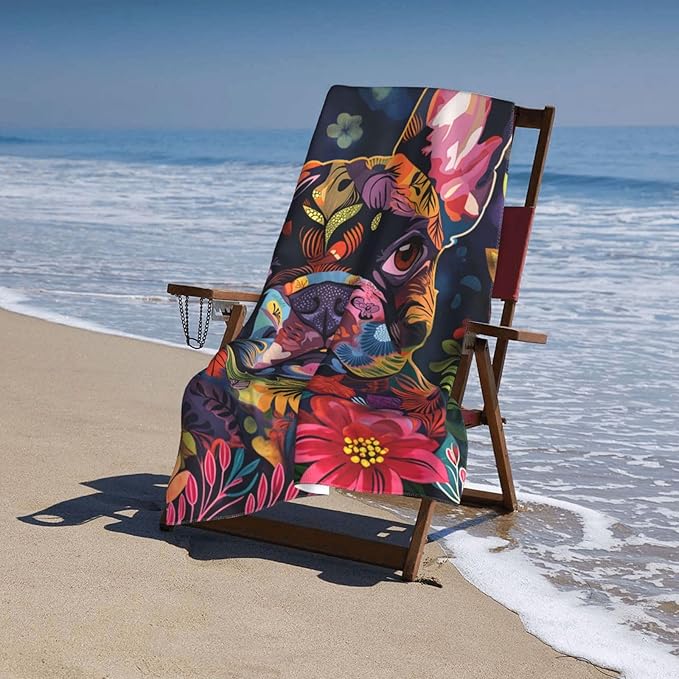 Colorful French Bulldog Beach Towel 31inx51in, Floral Dog Sand-Free Microfiber Bath Towel Ultra Soft Quick Dry Pool Towel Absorbent Towel Lightweight Towel for Swimming Bathroom Decor
