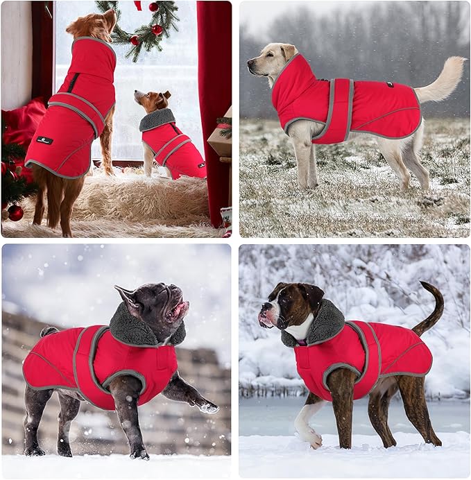 Dogcheer Dog Coat, Waterproof Dog Jacket Reflective Pet Winter Coat with Adjustable Hook & Loop, Christmas Puppy Fleece Jacket Warm Turtleneck Snowsuit for Small Medium Large Dogs - Red, L