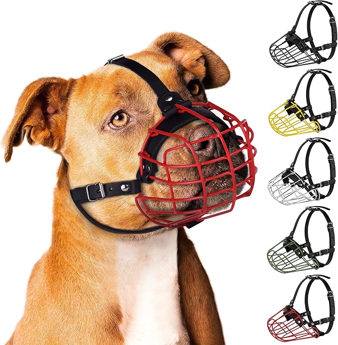 Pitbull Dog Muzzle Metal Mask Amstaff Secure Wire Basket Adjustable Durable Leather Straps for Large Dogs (Green)