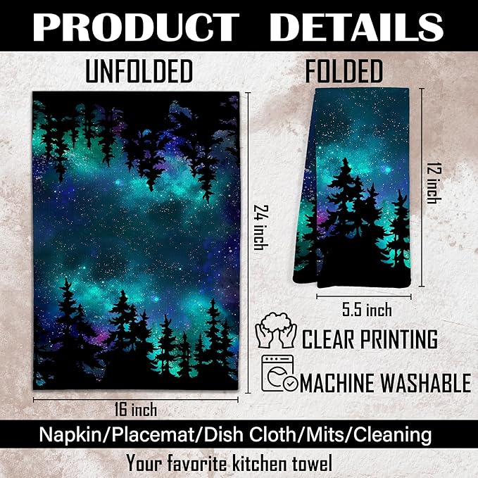 Forest Decor Kitchen Towel&Starry Night Sky Forest Decorative Hand Towels, Forest Bathroom Towels&Forest Decor Dish Towels Tea Towels for Kitchen, 16x24 Inches
