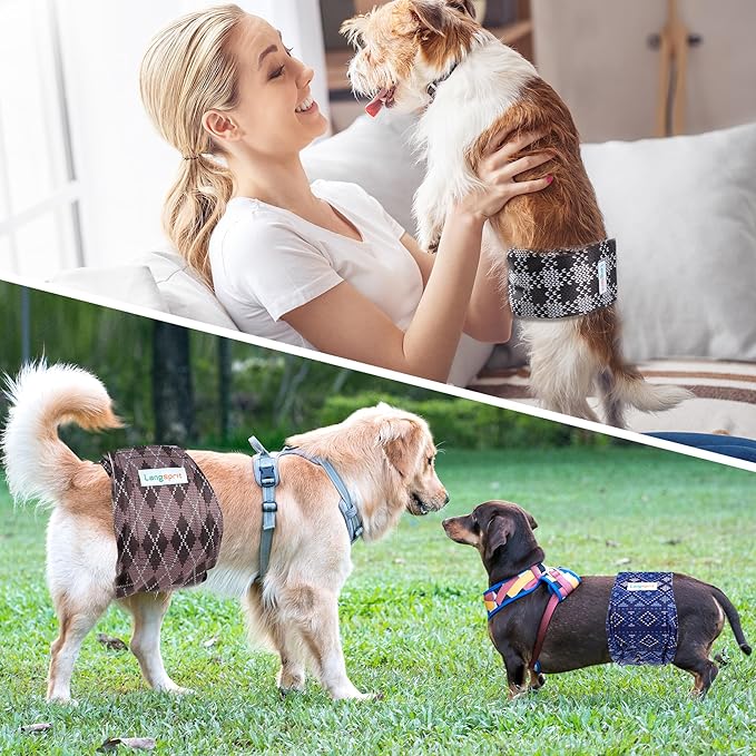 Langsprit Male Belly Bands for Dogs (Pack of 3) - High Absorbing Washable Dog Wraps - Reusable Small Doggy Puppy Diapers Plaid-1 M