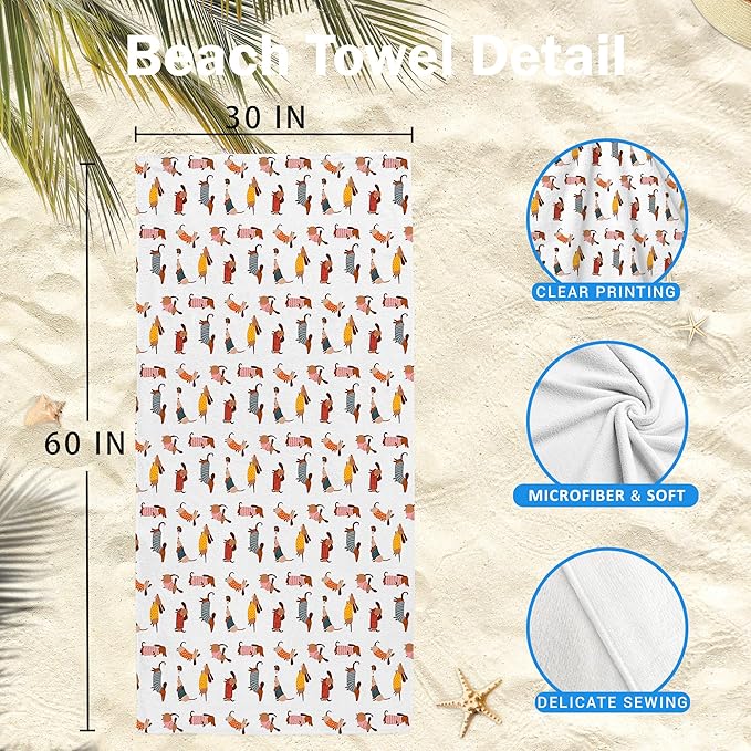 Cute Dog Dachshund Beach Towel Gifts for Women Dog Lovers Owner, Funny Dogs Wiener Microfiber Quick Dry Travel Sand Free Beach Towels Oversized Decor for Bathroom Swimming Pool 30x60 Inch