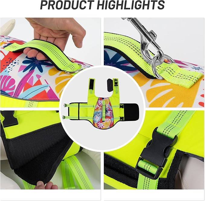 cyeollo Dog Life Jacket Reflective Printed Dog Life Vest for Swimming Boating, High Buoyancy Pet Safety Vest Lightweight Small Medium Large Dog Lifejackets with Front Float, Fluorescent Yellow S