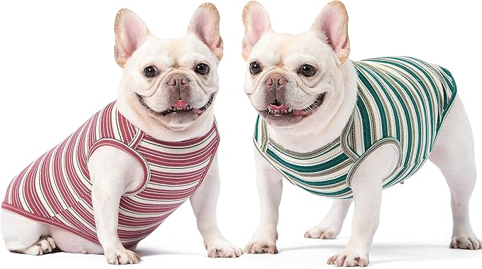 Dog Shirts Vest Cotton Striped T-Shirt, Sleeveless Stretchy Pet Clothes for Small Dogs, 2-Pack Soft Breathable Puppy Tank Top Cat Tee (XX-Large, Pine Green,Plum Red)