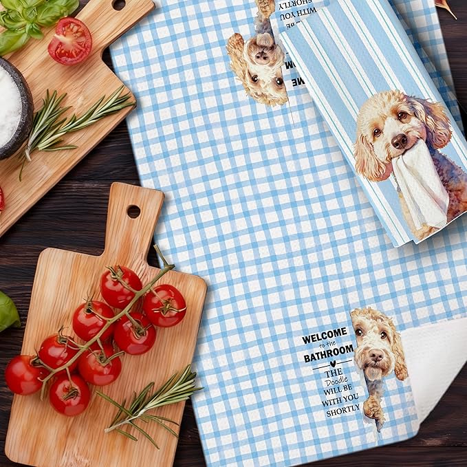 Funny Golden Doodle Bathroom Hand Towels, Goldendoodle Gifts for Women, Blue Preppy Plaid Striped Doodle Decorative Hand Tea Towels for Washroom Restroom Toilet, 16x24 Inches Set of 2