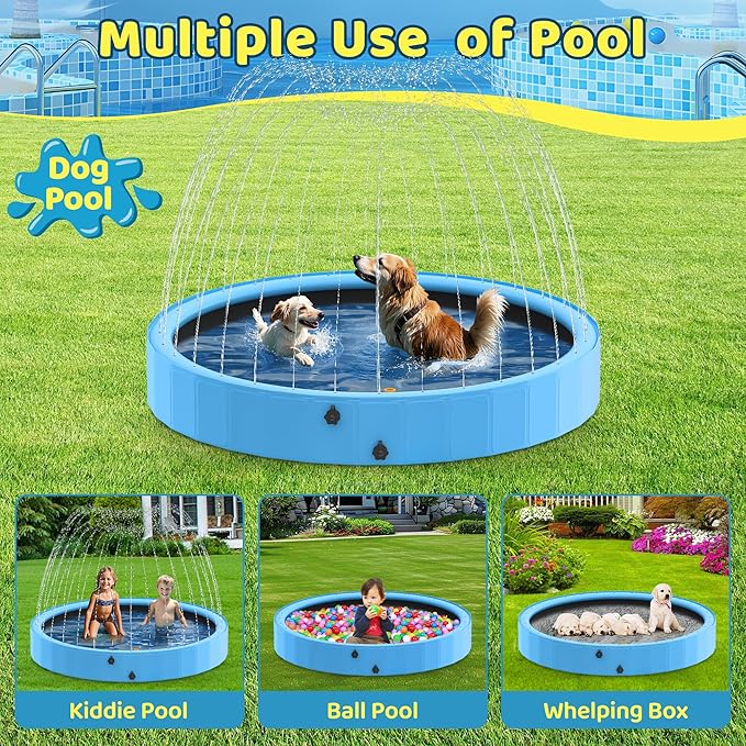 Raxurt Dog Pool with Sprinkler, 79'' Foldable Dog Pools for Large Dogs, 2-in-1 Sprinkler Pool Heavy Duty, PVC Non Slip Pet Bathing Tub for Outdoor Backyard, Blue