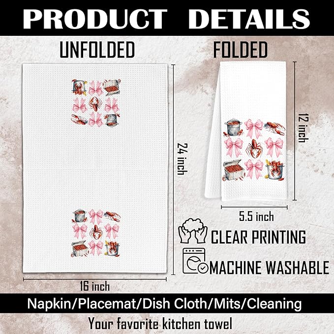 Coquette Pink Bow Crawfish Beach Kitchen Towels, Lobster Lover Gifts Dish Tea Towels for Kitchen, Seafood Boil Party Supplies, Coastal Nautical Decorative Hand Towels, 16x24 Inch