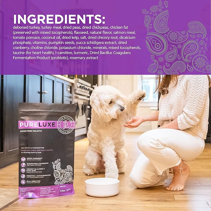 PURELUXE Grain and Gluten Free Dog Food, Turkey, Split Peas, and Salmon Elite Nutrition, for Small Breed Dogs at All Life Stages, Made in The USA, 4lbs