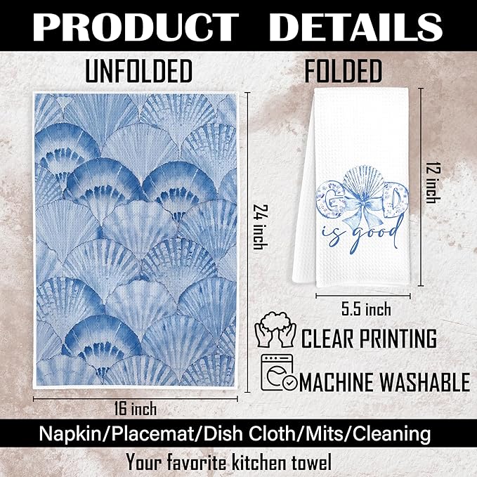 Coquette Blue Bow Seashell Coastal Beach Kitchen Towels Set of 2, God is Good Inspirational Christian Dish Tea Towels for Kitchen Decor, Preppy Beach Hand Towels for Bathroom Decor, 16x24 Inch