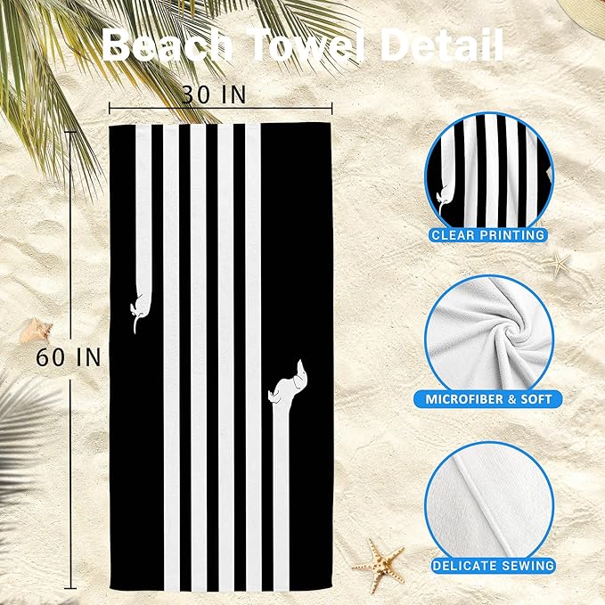 Cute Dog Dachshund Beach Towel Gifts for Dog Lovers Owner, Funny Black and White Wiener Microfiber Quick Dry Travel Sand Free Beach Towels Oversized Decor for Bathroom Swimming Pool 30x60 Inch