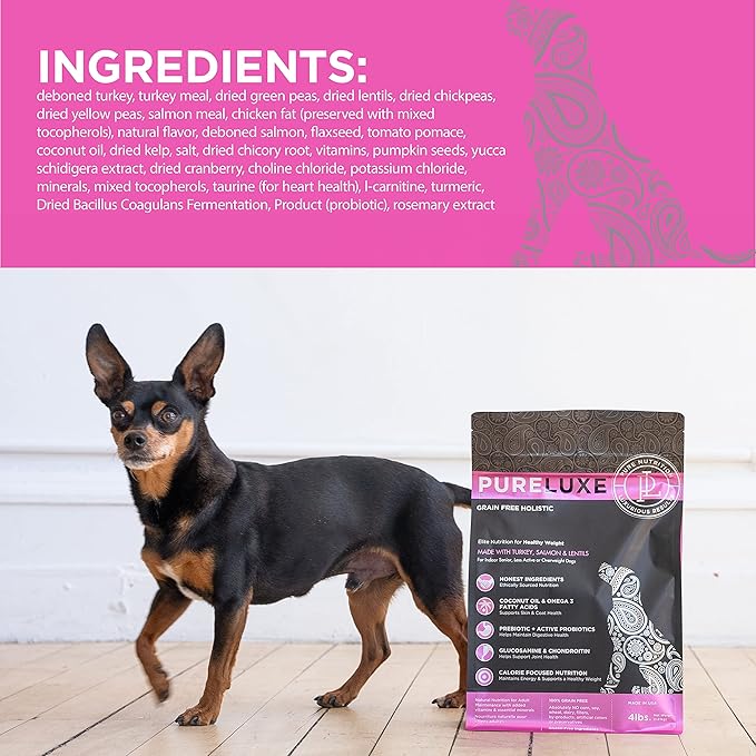 PURELUXE Grain and Gluten Free Dog Food, Healthy Weight Elite Nutrition, Turkey, Salmon and Lentils, for Indoor Senior, Less Active or Overweight Dogs at All Life Stages, Made in The USA, 4lbs