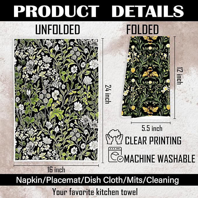 Vintage Moody Floral Bee Kitchen Towels, Dark Cottagecore Botanical Dish Tea Towels for Kitchen Decor, Dark Academia Green Plant Bee Hand Towels for Bathroom Decor, 16x24 Inch Set of 2