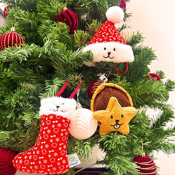 Christmas Santa Hat Plush Dog Toy (L Size), Soft & Durable Squeaky with Treat Pocket, Wear & Play Design, Crinkle Paper Sound, Fun for Medium & Large Dogs