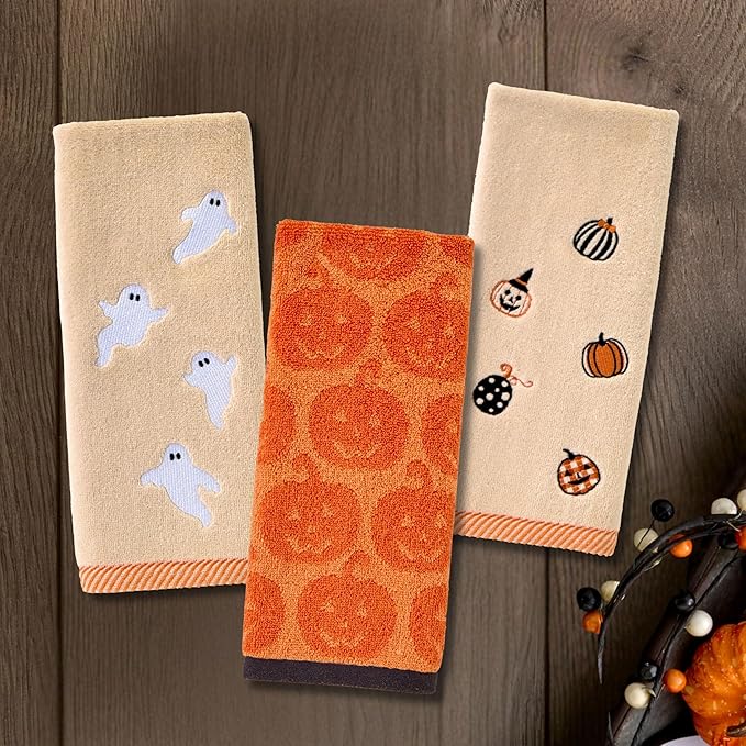 SKL Home Halloween Tossed Ghosts 100% Cotton Embroidered 2pc Hand Towel Set, Decorative for Bath/Kitchen/Bar & Gift, Taupe