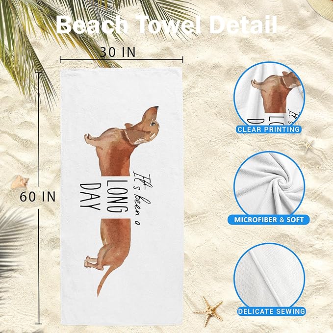 Funny Dachshund Dog Beach Towel Gifts for Dog Lovers Owner, Cute It's Been A Long Day Microfiber Quick Dry Travel Sand Free Beach Towels Oversized Decor for Bathroom Swimming Pool 30x60 Inch
