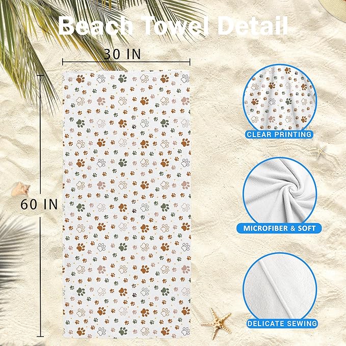 Cute Paws Dog Cat Pet Farmhouse Beach Towel Gifts for Women Dog Lovers Owner, Rustic Microfiber Quick Dry Travel Sand Free Beach Towels Oversized Decor for Bathroom Swimming Pool 30x60 Inch