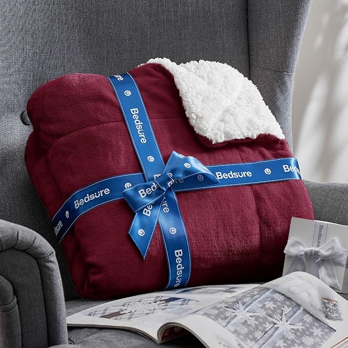 Bedsure GentleSoft Sherpa Fleece Twin Size Blanket for Couch, Non-Heated, Thick and Warm Throw for Girls and Women, Soft Fuzzy Plush Twin Blanket for Winter, Burgundy, 60x80 Inches
