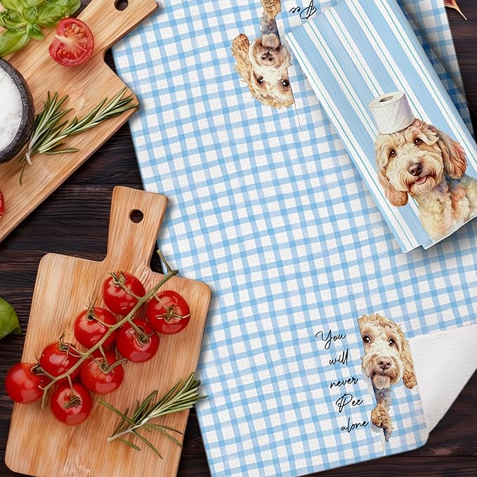 Funny Golden Doodle Bathroom Hand Towels, Goldendoodle Gifts for Women Men, Blue Preppy Plaid Striped Doodle Decorative Hand Tea Towels for Washroom Toilet Restroom, 16x24 Inches Set of 2